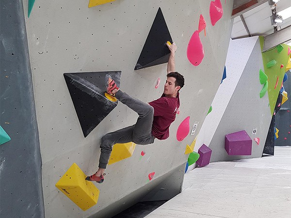 Joe Swales testing the volume texture and wall friction at Rockcity Climbing in Hull  © Rockcity