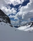 Skiing from the Col de Thorens to Plan Bouchet in the Three Valleys, France.