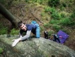 Hamish happy to be alive topping out High Tide 6b (highball)