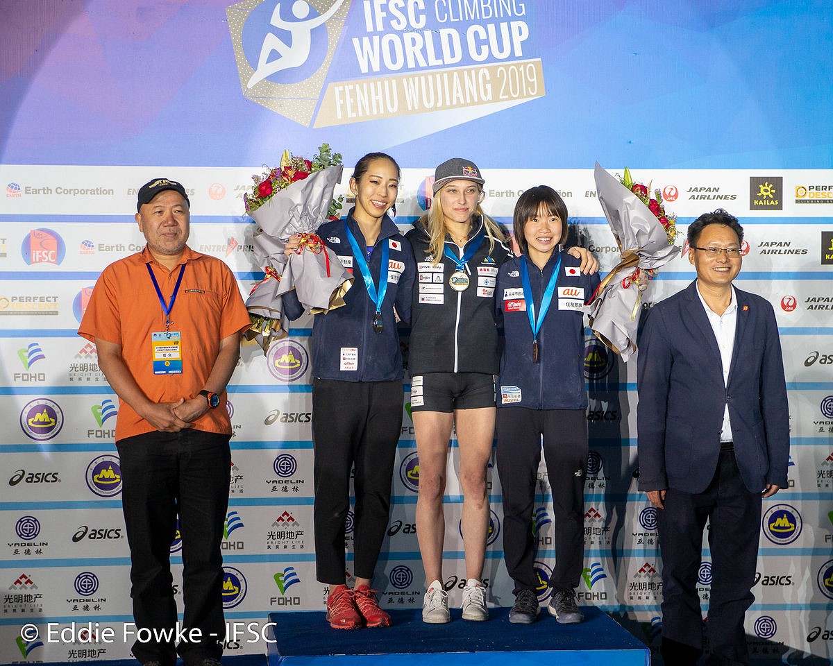Womens boulder podium, Wujiang.  © Eddie Fowke/IFSC