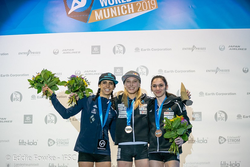 Women's podium Munich 2019: Gibert, Garnbret and Krampl.  © Eddie Fowke/IFSC