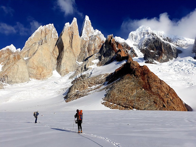Pete and Tad approaching the West Face of Cerro Torre.  © Ben Silvestre