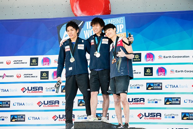 Men's podium Vail: Narasaki, Ogata, Chon.  © Dark Sky Media