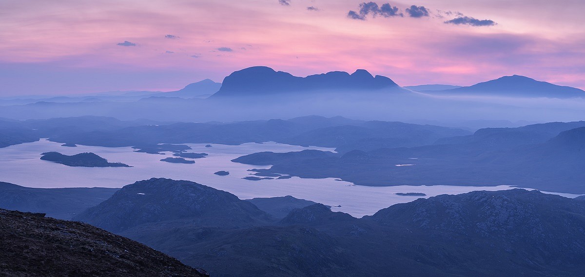 Assynt at dawn, a ‘stitch’ of 6 images. Keep learning new photographic techniques to improve your photos  © James Roddie