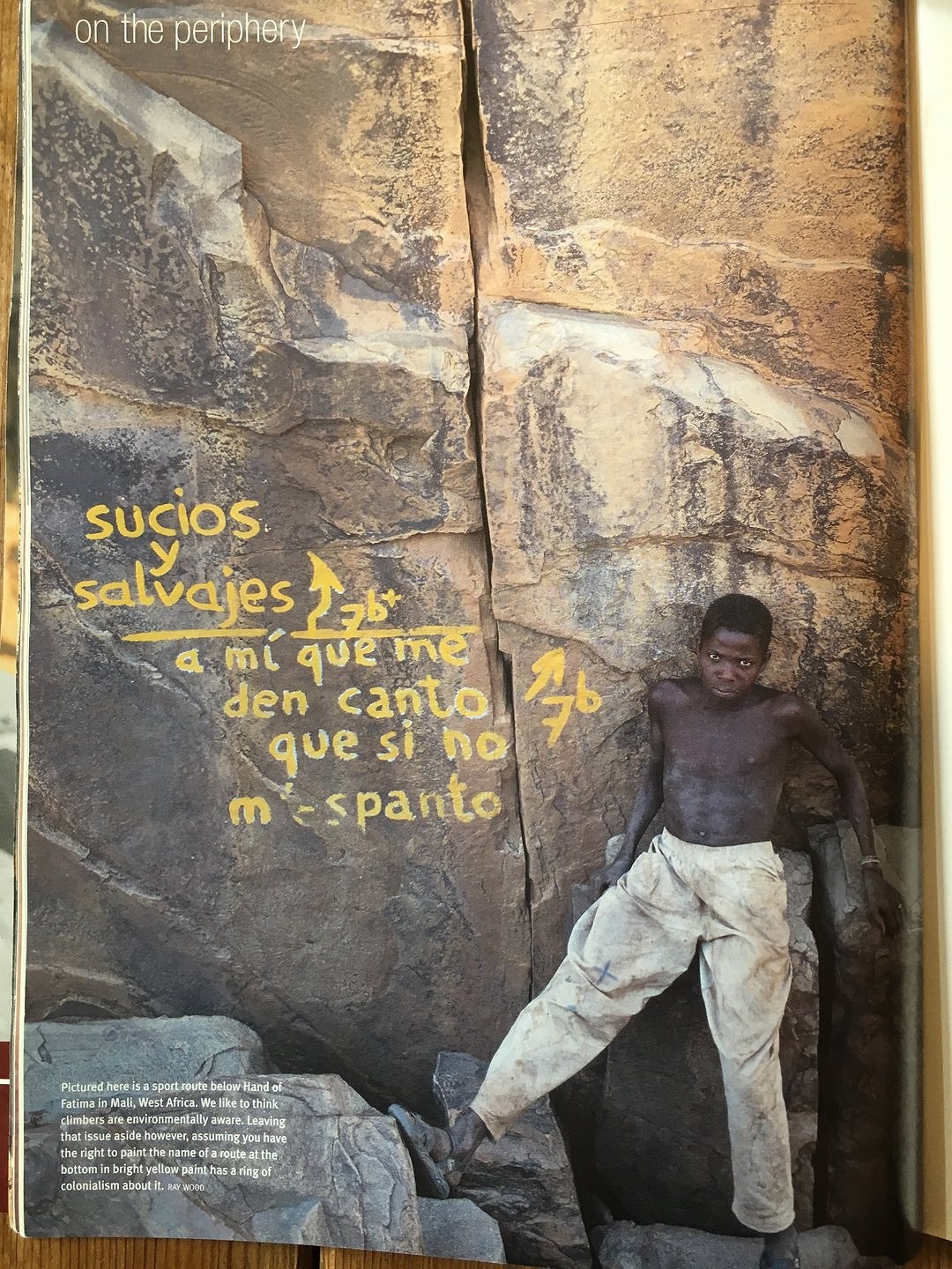 'Dirty men and savages 7b+', the Spanish reads. 'Give me jugs, so that I'm not afraid. 7b' On The Edge, issue 132, Nov. 2003  © Ray Wood