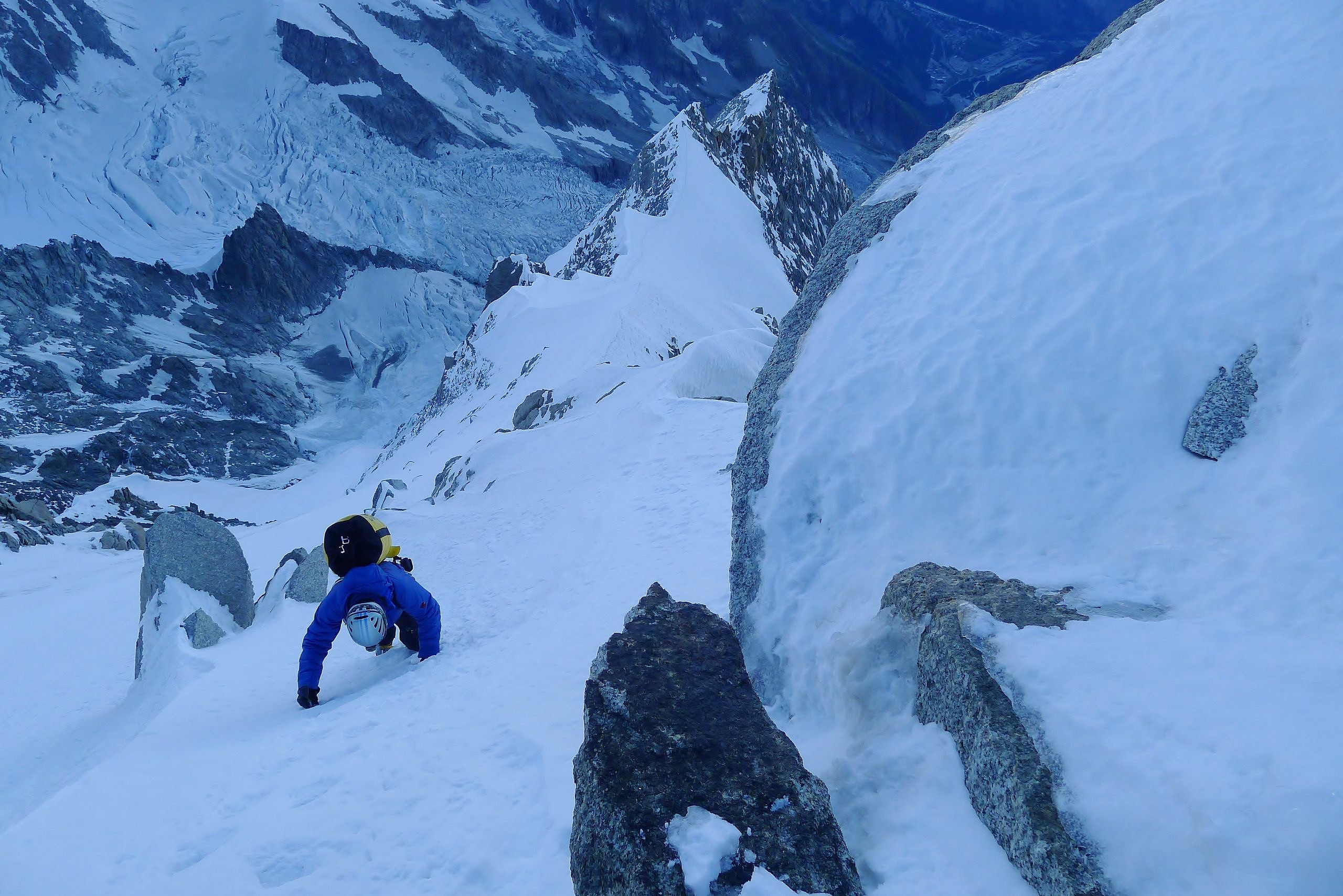 Divine Providence, top of the Peutrey-Integral ridge beneath the summit of Mont Blanc. Good acclimatisation is a must.  © Calum Muskett