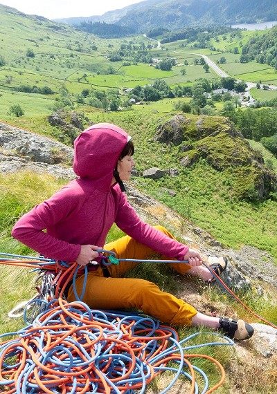 The jacket is ideal for a breezy belay, and the hood fits well over a helmet   © Mark Glaister