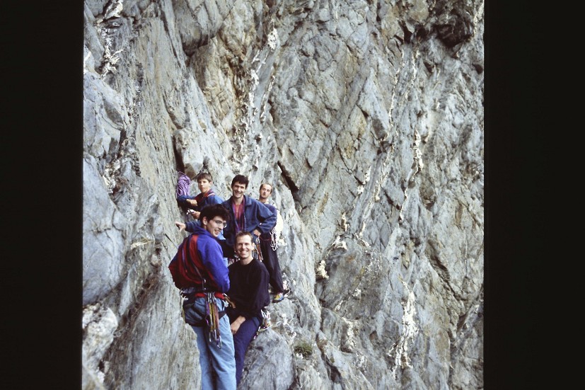 The ‘Barrow lads’ beneath Yellow Walls, Gogarth (1997) Greg Fell, Steve Merry, Al Phizacklea, Craig Matheson, Keith Phizacklea.  © Matheson collection