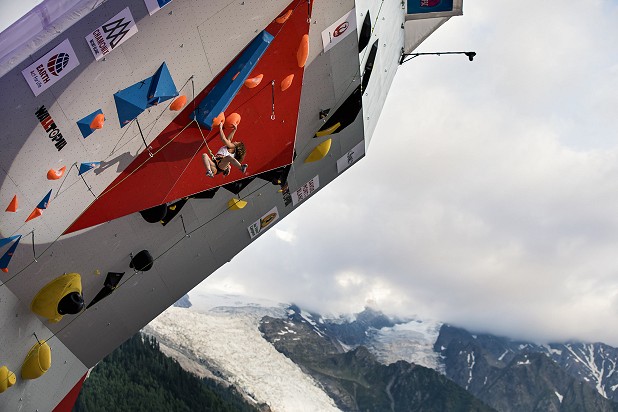 Molly Thompson-Smith looking strong on the powerful women's final route in Chamonix.  © Dark Sky Media