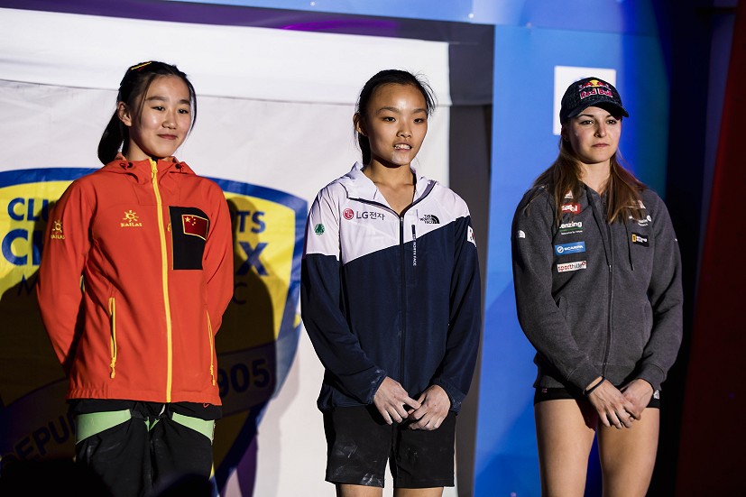 Women's podium: YueTang Zhang, Chaehyun Seo and Jessy Pilz.  © Dark Sky Media