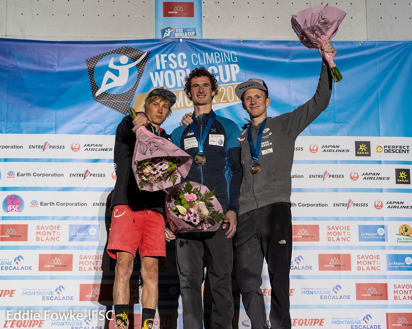 Men's podium: Alex Megos, Adam Ondra and Jakob Schubert.  © Eddie Fowke/IFSC