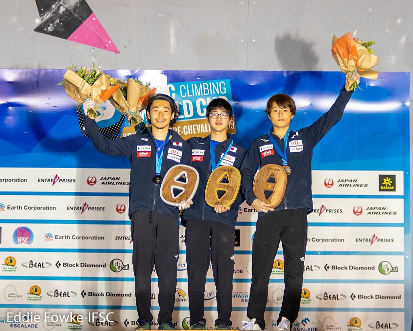 Men's podium: Nishida, Shimizu and Tanaka.  © Eddie Fowke/IFSC