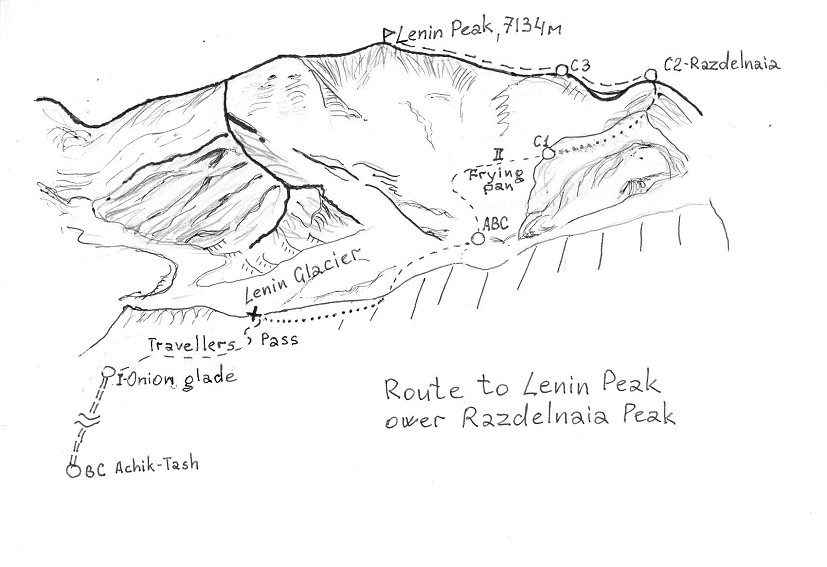 Drawing showing the standard (Razdelnaya) route of ascent from north (Kyrgyzstan).   © Komissarov