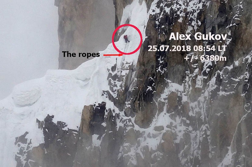Alexander Gukov abseiling down the north ridge some hours before Glazunov disappeared, taken by the helicopter pilot.  © Syed Fakhar Abbas