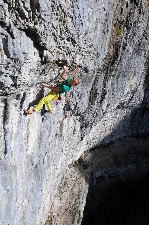 The author on his FA of Sabotage 8c+, Malham Cove.  © Ian Parnell