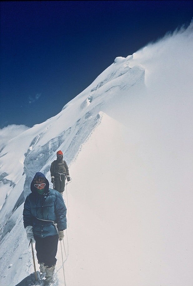 Barbara with Pemba Norbu on the knife-edge summit ridge of Lhashamma in NW Nepal during the first ascent on May 13th 1962.  © UKC News
