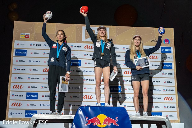 Women's Combined podium: Noguchi, Garnbret and Coxsey.  © Eddie Fowke/IFSC