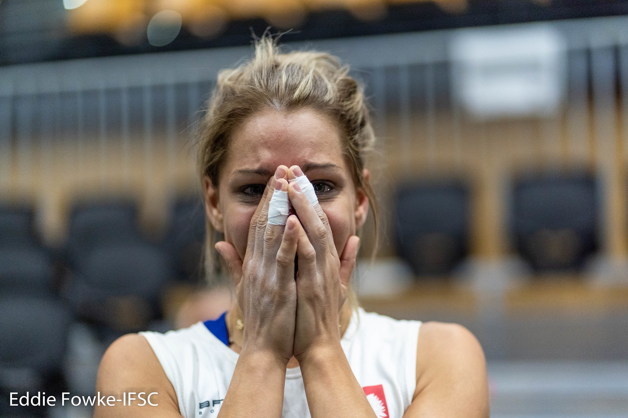 Aleksandra Miroslaw in shock after qualifying for an Olympic quota place.  © Eddie Fowke/IFSC