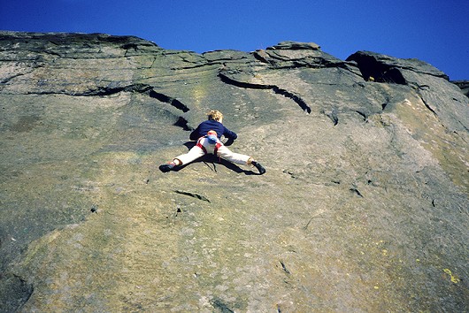 Dave Slater on-sighting Great Slab on a beautiful winter's day in the mid 1980's  © David Slater