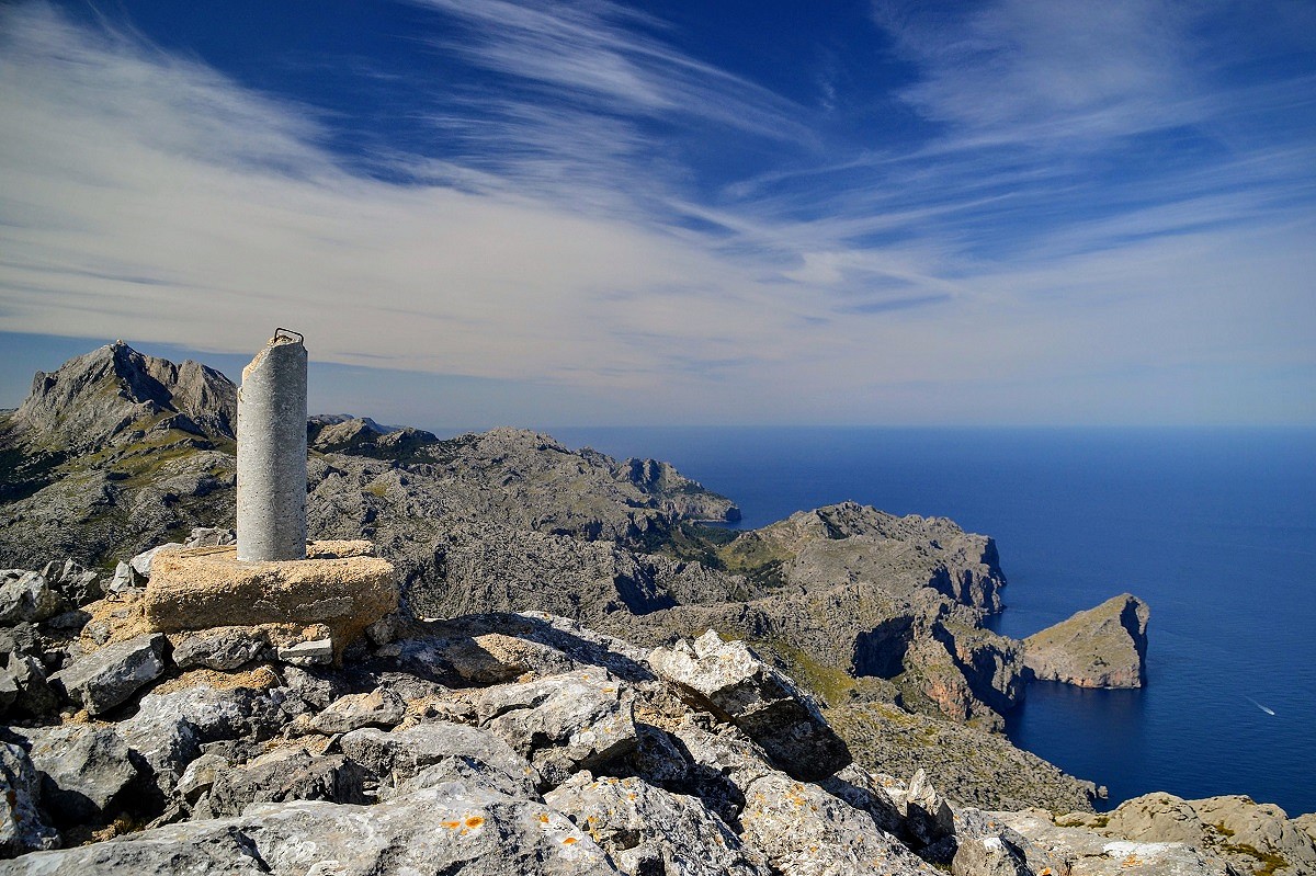 The trig point on top of Puig Roig, where the mountains meet Mediterranean.  © Paul Harrison