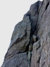 Pitch 4 of Gambit - about to step across from the top of the pinnacle!