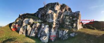 Panorama of Red Rocks bouldering crag at Craigy Hill showing location of Soak it up and Square root.