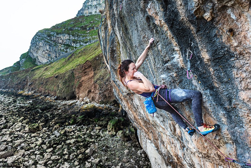 Emma reaching the crux section of The Big Bang 9a.  © Marc Langley