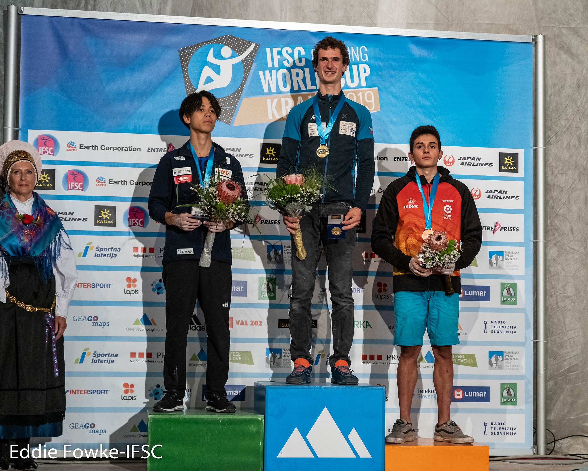 Men's podium: Harada, Ondra and Ginés-López.  © Eddie Fowke/IFSC