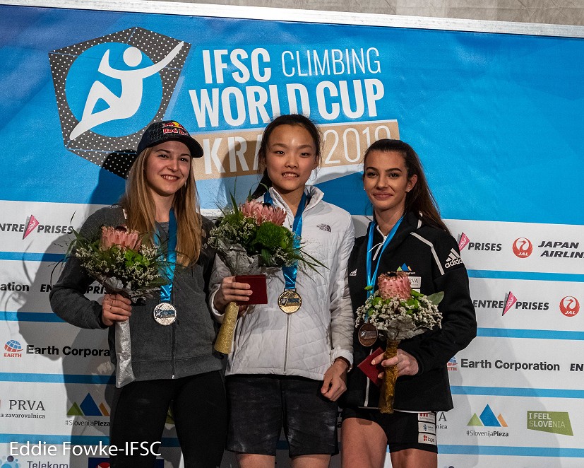 Women's podium: Pilz, Seo and Rakovec.  © Eddie Fowke/IFSC