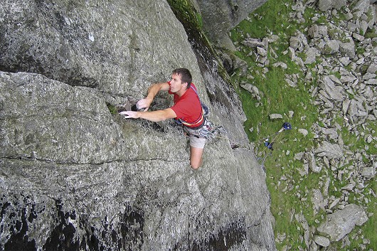 Paul Cox on the fantastic Razor Crack (E1) at Neckband Crag (from the Lake District Climbs Rockfax).  © Mark Glaister