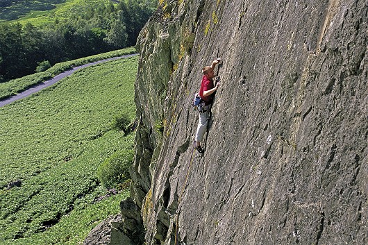 Matt Jones on Columbia (E1) on Stonestar Crag (from the Lake District Climbs Rockfax).  © Mark Glaister