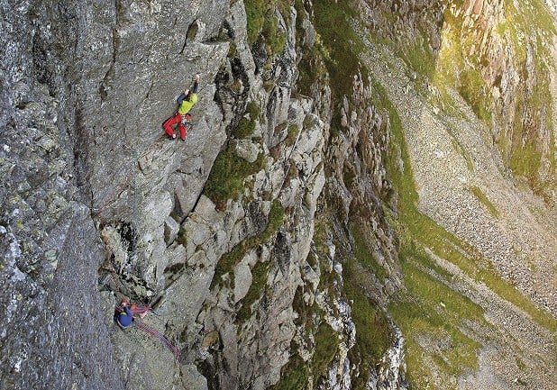 Alan James on pitch 5 of Central Pillar (E2) on Esk Buttress (from the Lake District Climbs Rockfax).  © Mike Hutton
