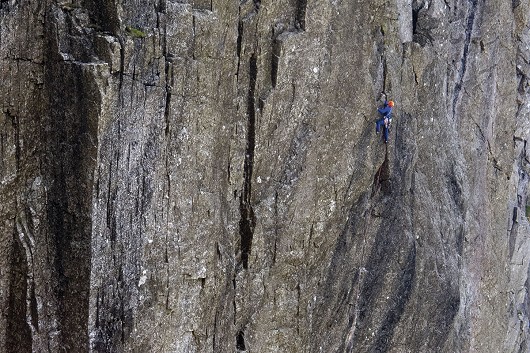 A climber on The Nazgul (E3 5c) Scafell Crag (from the Lake District Climbs Rockfax).  © Mark Glaister