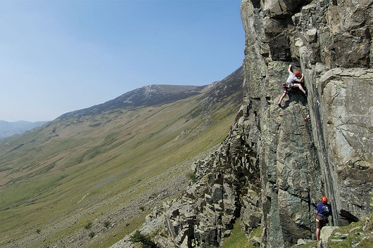Hearth Direct (E2) at Yew Crag Knotts, Buttermere (from the Lake District Climbs Rockfax).  © Mark Glaister