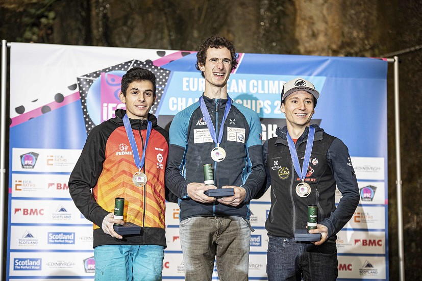 Men's Lead podium: Gínes López, Ondra and Lehmann.   © Final Crux Films
