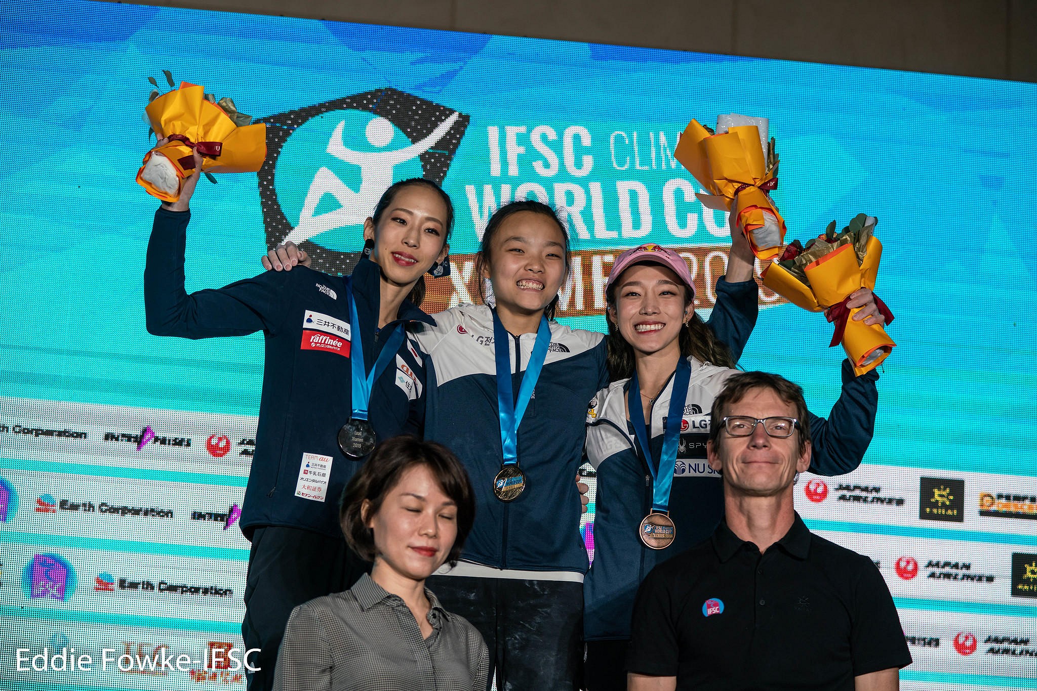Women's podium Xiamen: Noguchi, Seo and Kim.  © Eddie Fowke/IFSC