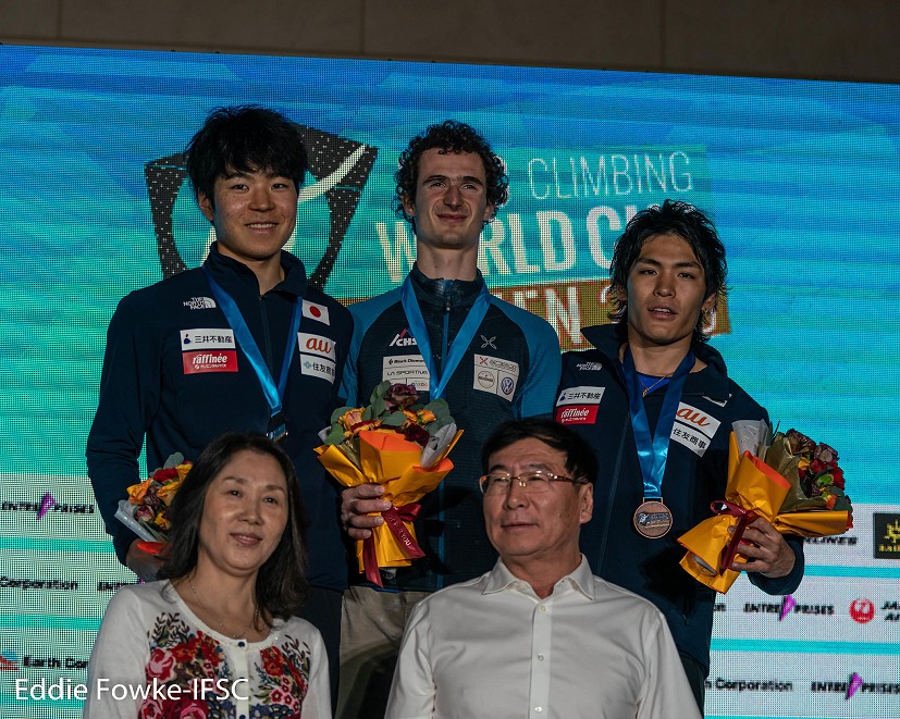 Men's podium Xiamen: Homma, Ondra, Narasaki.  © Eddie Fowke/IFSC