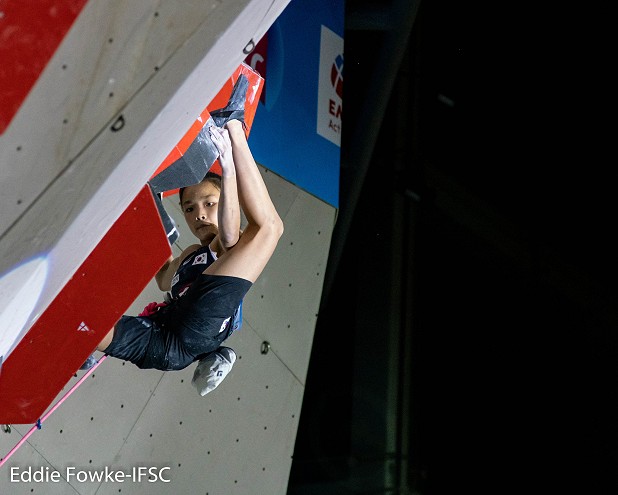 Chaehyun Seo, the 15-year-old sensation from Korea, sealed both the win and the overall 2019 Lead World Cup title.   © Eddie Fowke/IFSC