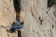 Ollie Ryall and Chris Singer negotiating the tunnel on the first pitch of La Grotte (5)at Saint Julien