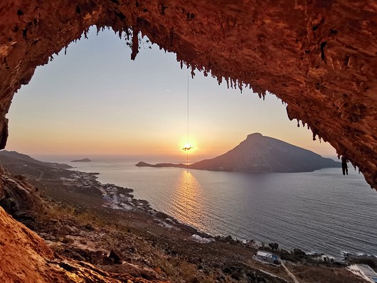 Abseiling off the top of Grande Grotto in Kalymnos, Greece following completion of 3 stripes (6 pitches, 175m, 5c)   © Rock_Monk3y