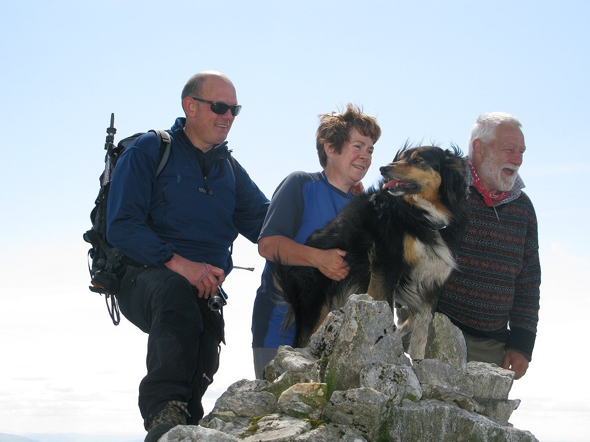 With Hamish Brown, Bill and Molly, on her canine Corbett completion   © Anne Butler
