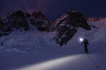 Ross Hewitt on his way up to make the 2nd descent of the Bowie Couloir on Aoraki / Mount Cook, New Zealand Southern Alps.