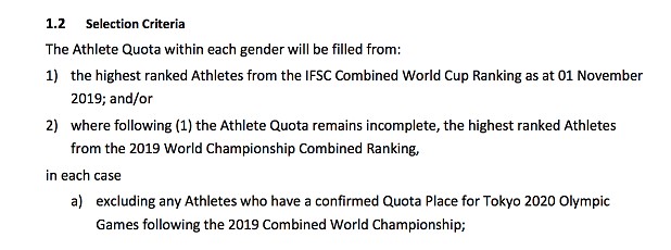 IFSC Combined Qualifier selection criteria. Previously, the line 'Subject to a National Quota of 2 Athletes' came under a)  © IFSC
