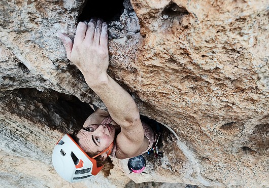 The crag gives birth to another climber. Nina Tombs on Barbarossa  © Andrew Marshall