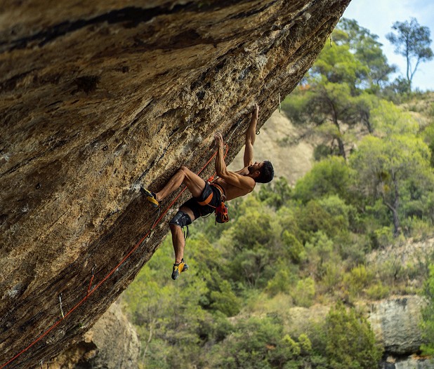 Buster Martin makes the seventh ascent of First Ley 9a+.  © Henry Kinman