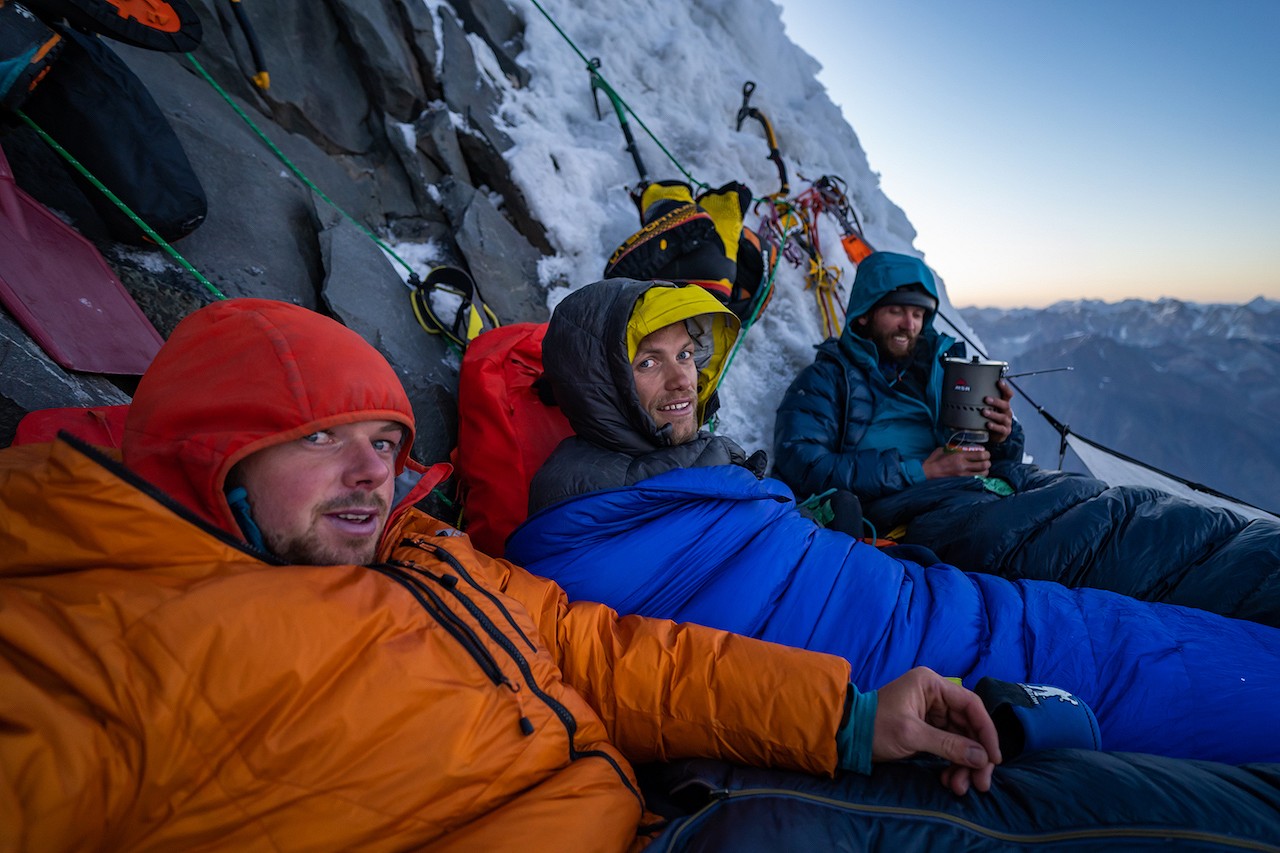 Uisdean, Will and John on a cold bivy during their route attempt.  © Uisdean Hawthorn