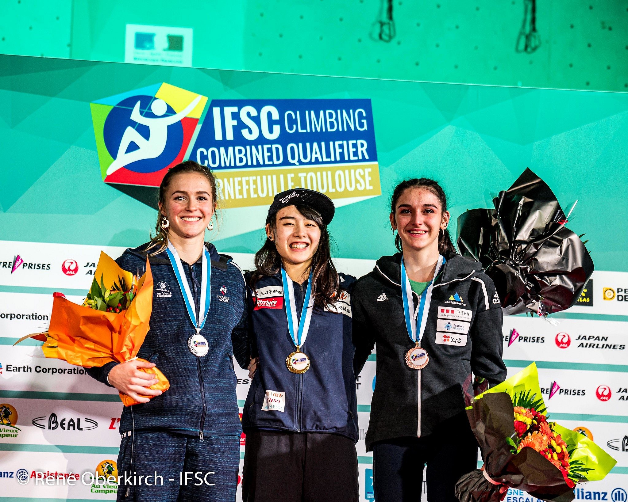 Women's podium: Chanourdie, Ito, Krampl.  © Eddie Fowke/IFSC