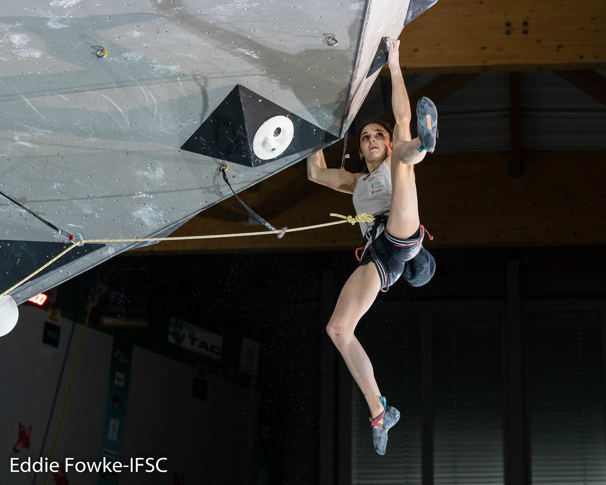 Mia Krampl securing the hold that earned her an Olympic ticket.  © Eddie Fowke/IFSC