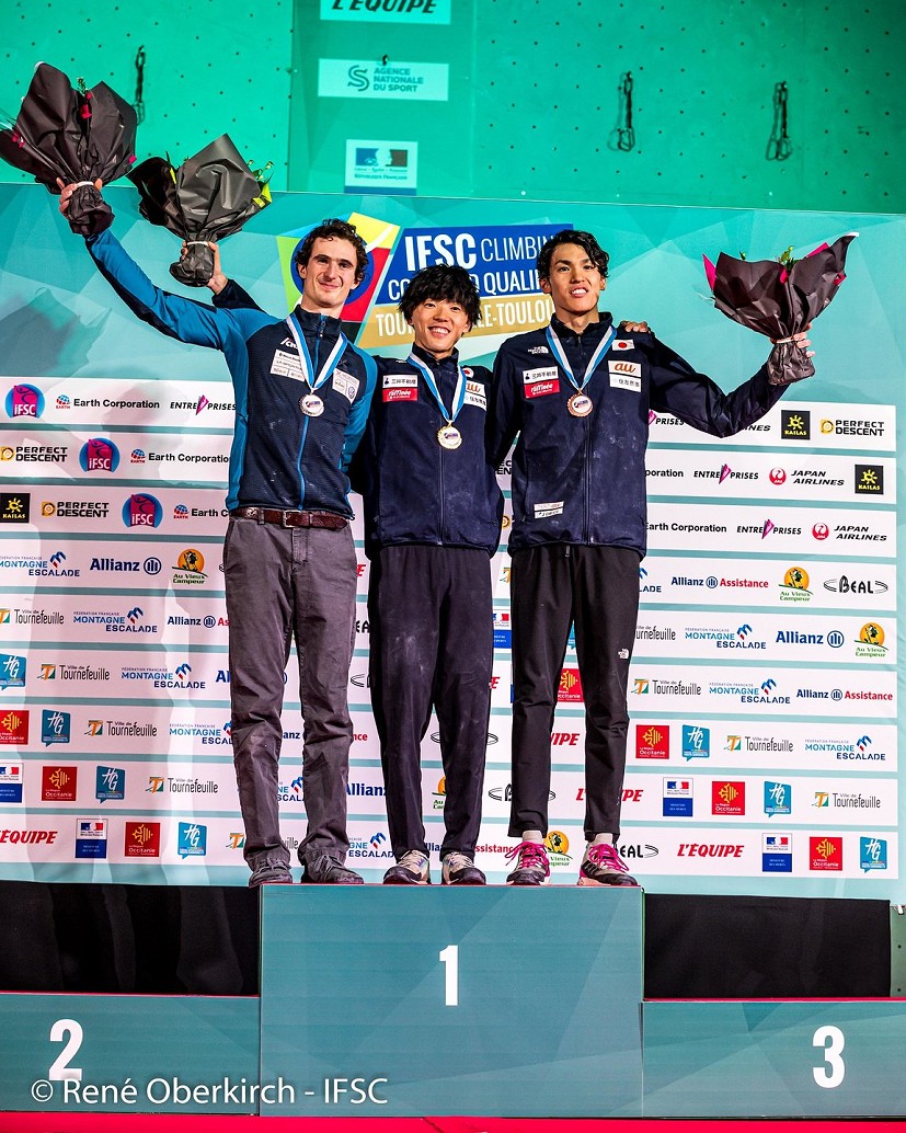 Men's podium: Ondra, Fujii, Narasaki.  © Eddie Fowke/IFSC