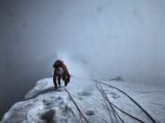 Paul Figg making the last few moves to the summit of Janhukot in the Garwhal Himalaya
